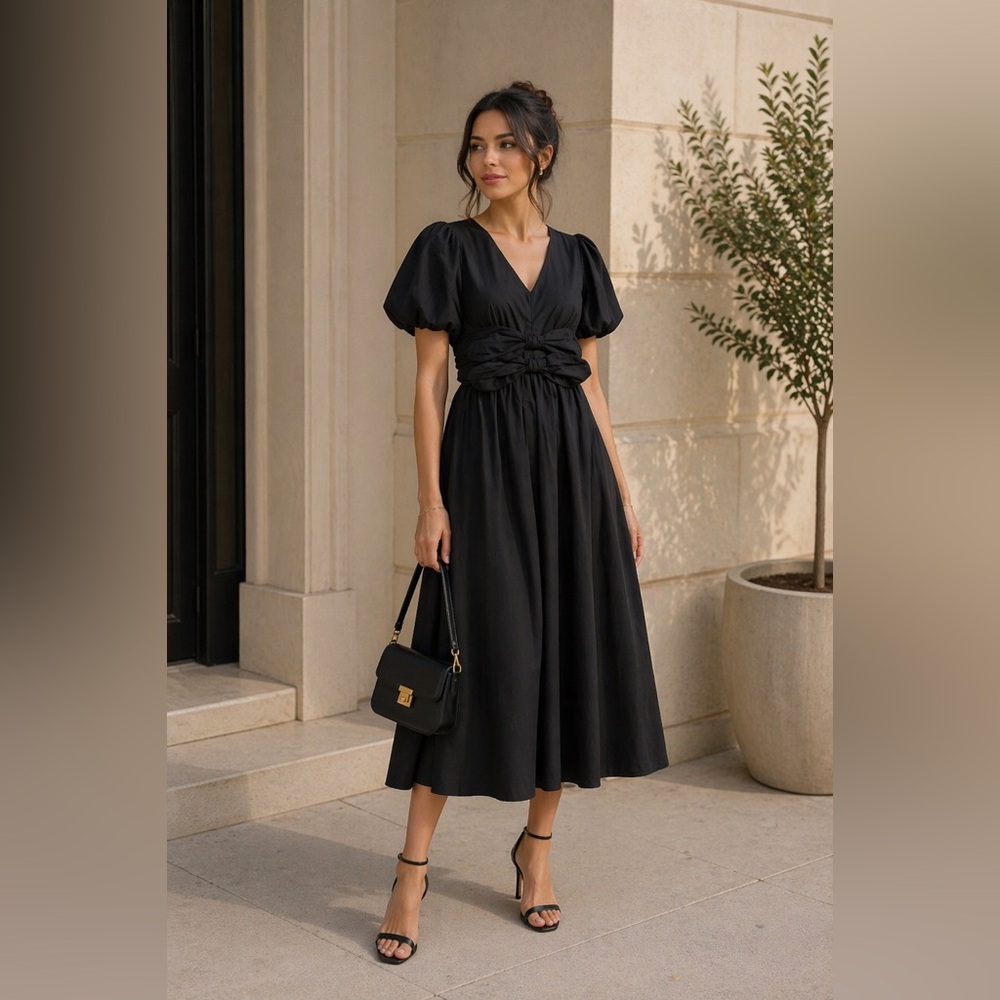 Moon River Front Bow Detail Cotton Midi Dress
